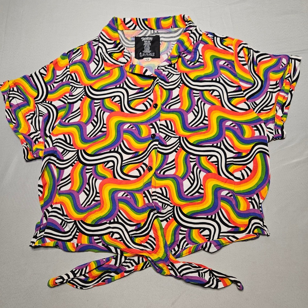 Spencer's Rainbow Wave Psychedelic Tie Front Top Womens 1X Multicolor Rayon